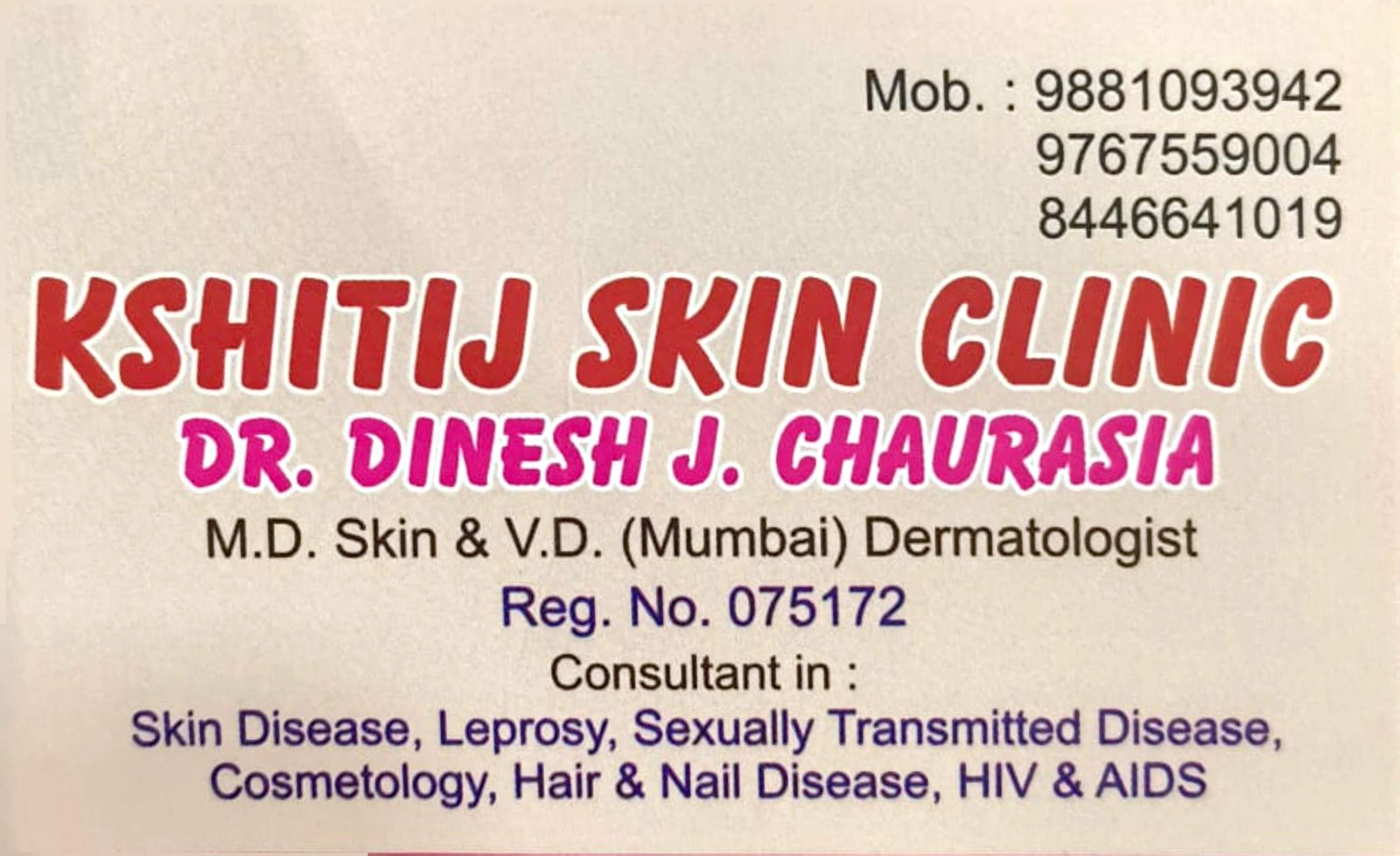 Kshitij Skin Clinic Visiting Card Front